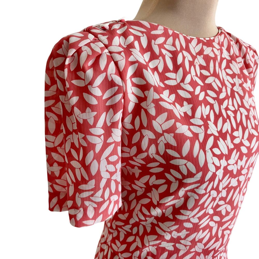 Vintage 80's Diane von Fursteneberg Pleated Leaf Print Blouson Midi Dress 10 - Picture 7 of 10